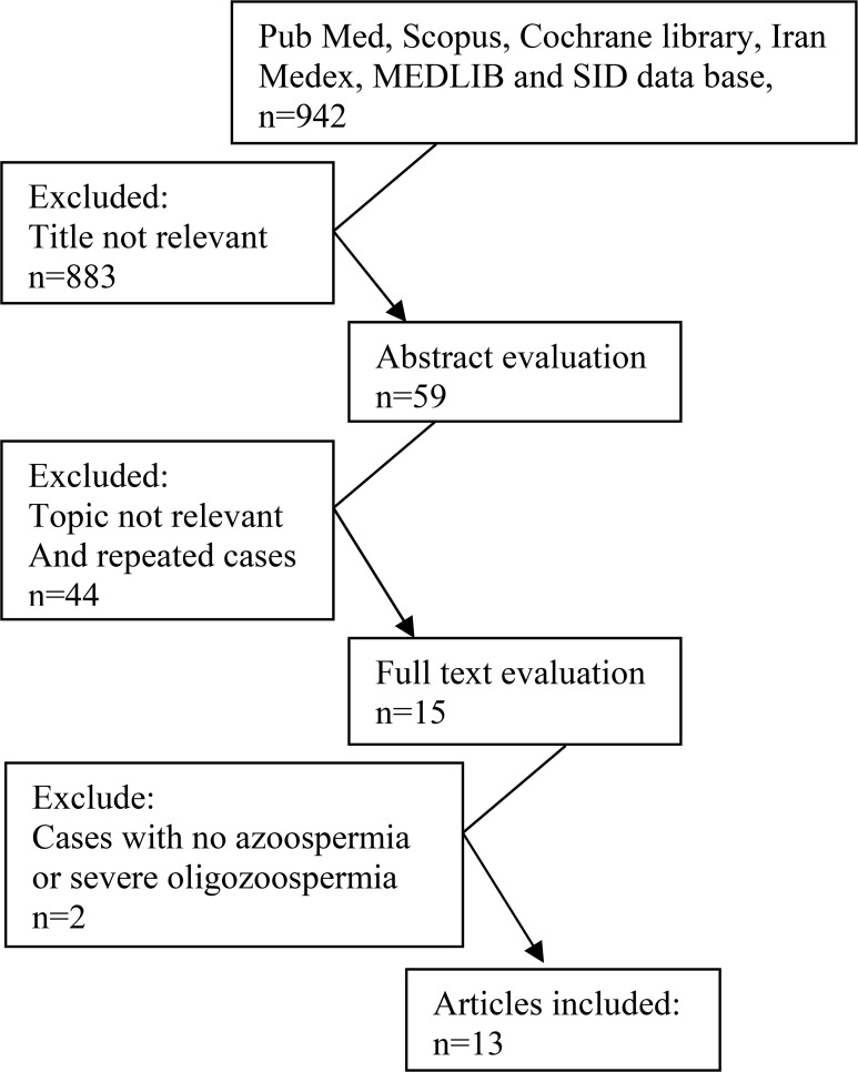 Figure 1. Summary of the literature search and study selection. Studies dealing only with Y chromosome microdeletions among Iranian infertile men with azoospermia and severe oligozoospermia