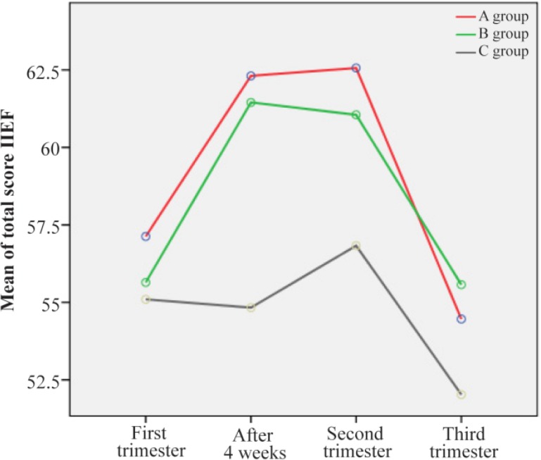 Figure 3. Trend of mean IIEF scores during the study period in three groups