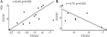 Figure 5. The ratio of the VEGFA and TGFB1 genes expression level (ΔCt) in the cells of chorionic and decidual tissues regarding GAPDH gene expression in normally progressing pregnancy (A) and pregnancy loss (B)