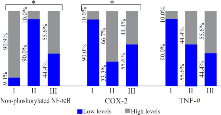 Figure 6. The comparison of the different proportions of the high and low levels of non-phosphorylated NF-κB, COX-2, and TNF-α in the supernatant of endometriosis tissue of homogenized rat. I: sham-operated group; II: Surgically-induced endometriosis