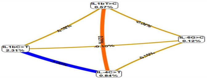 Figure 4. Interaction analysis among polymorphic variants of IL-1β -31T> C, IL-1β -511C> T, IL4 -589C> T and IL6 -174G> C for women with high HPV viral load. The informational value of each marker is presented on vertices; the information