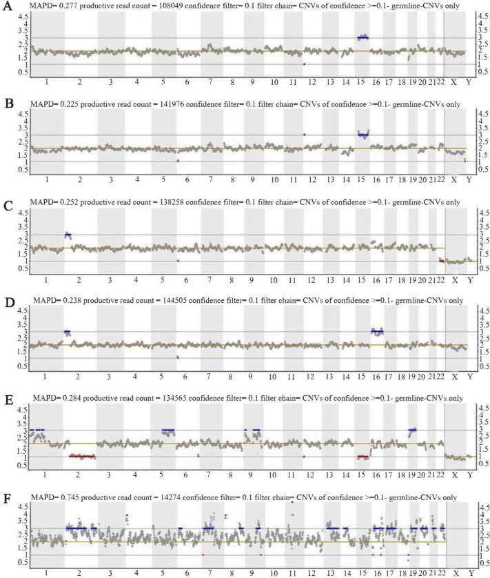Figure 2. PGT-SR results: A) positive for heterozygous ∼6 Mb deletion at 12 p13.33p13.31, trisomy 15; B) positive for heterozygous ∼4 Mb deletion at 6 p25.3p25.2, positive for heterozygous ∼4 Mb duplication at 12 p13.33p13.31, trisomy 15; C) positive